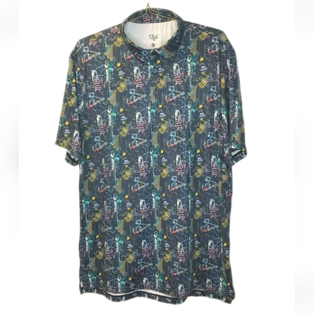 1764 Jazz Festival Polo Shirt Men Sz Large Blue AOP Golf Pickleball Athleisure